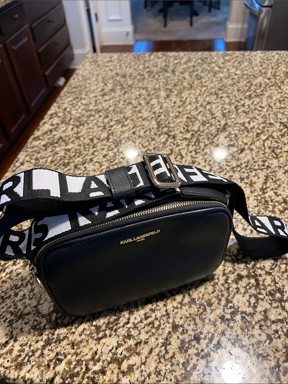 Karl Lagerfeld Black Leather Crossbody with Black-and-White Branded Strap
